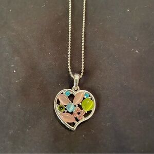 Heart Pendant Silver Tone Necklace with Multicolor Stones
